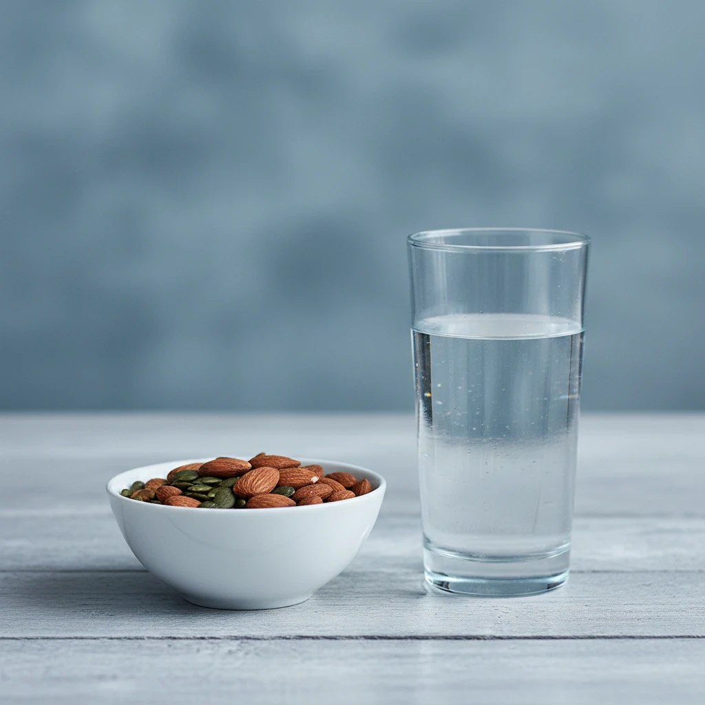 Amandelen en pompoenpitten in keramische schaaltjes naast een glas water op een houten tafel